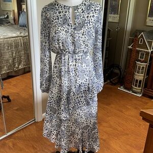 “Aqua” gorgeous chiffon feel asymmetrical ruffled hem paisley dress
